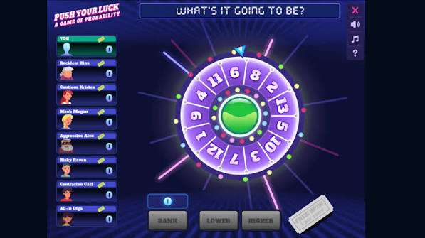 Push Your Luck probability wheel with higher and lower controls